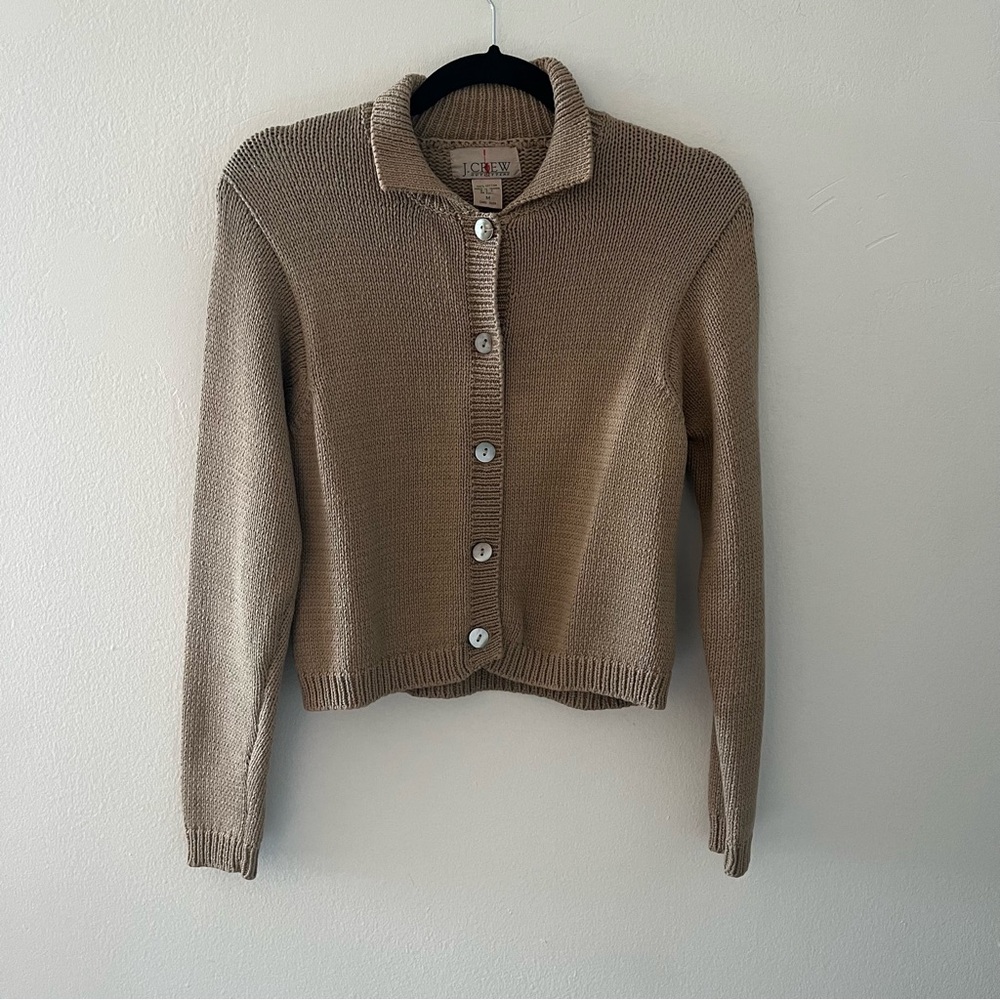 Vintage J Crew Cotton Collared Cardigan in Tan